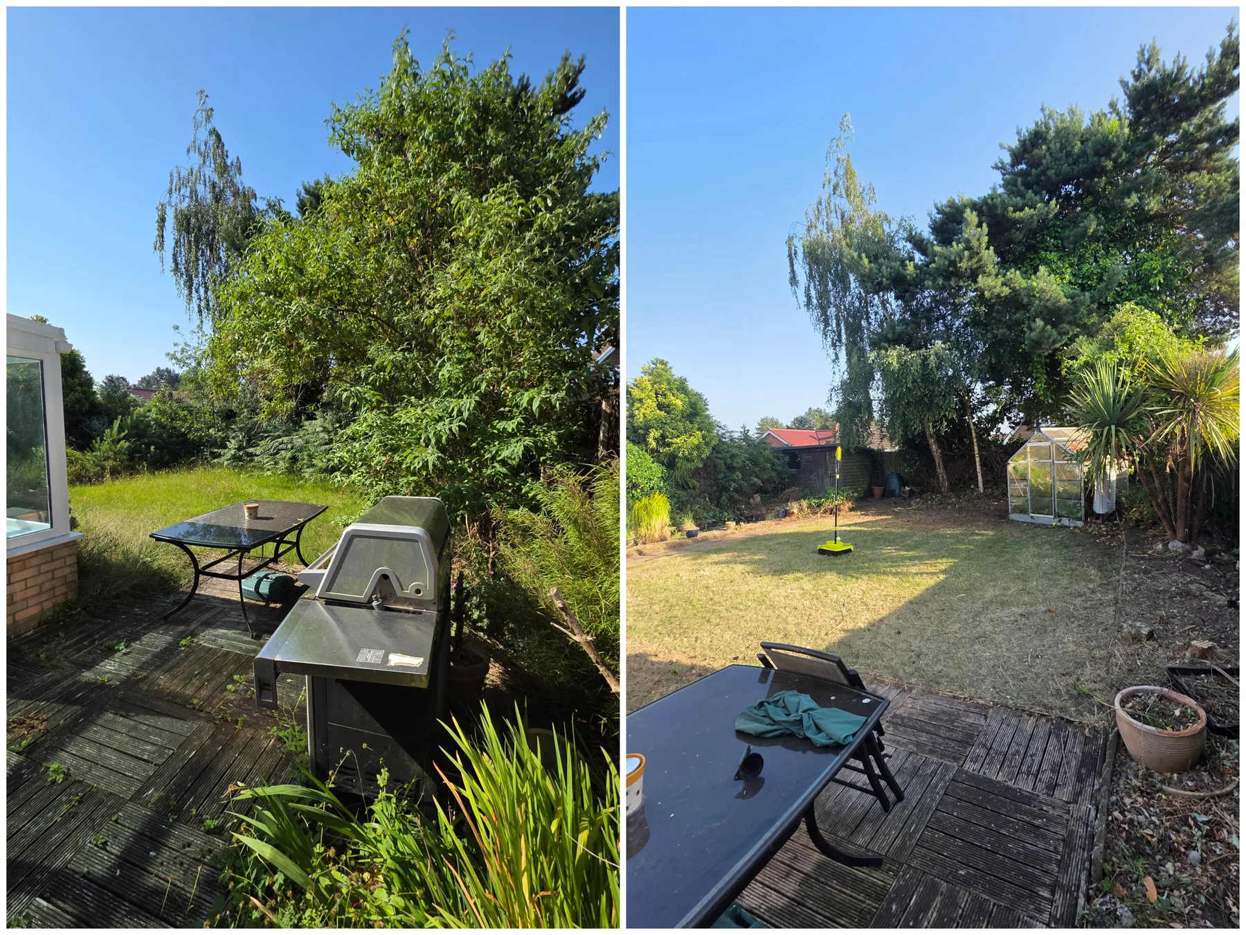 Before and after GreenRun garden clearance showing a crowded overgrown patio and lawn cut back into a clearer usable garden