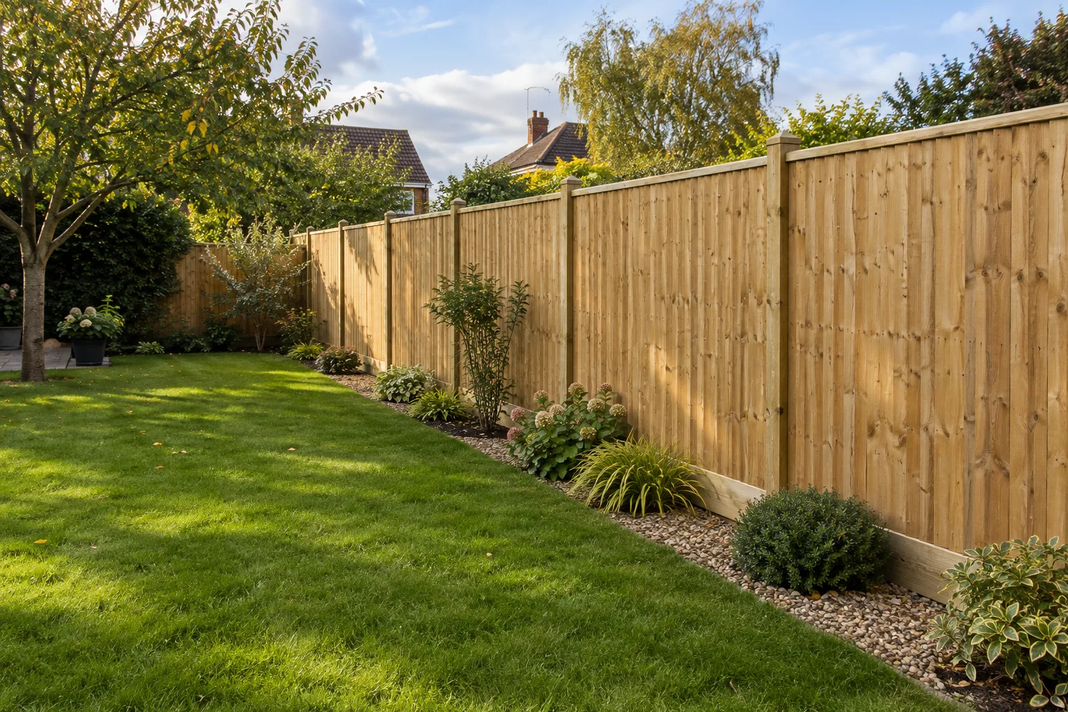 Illustrative example of natural timber garden fencing beside a lawn